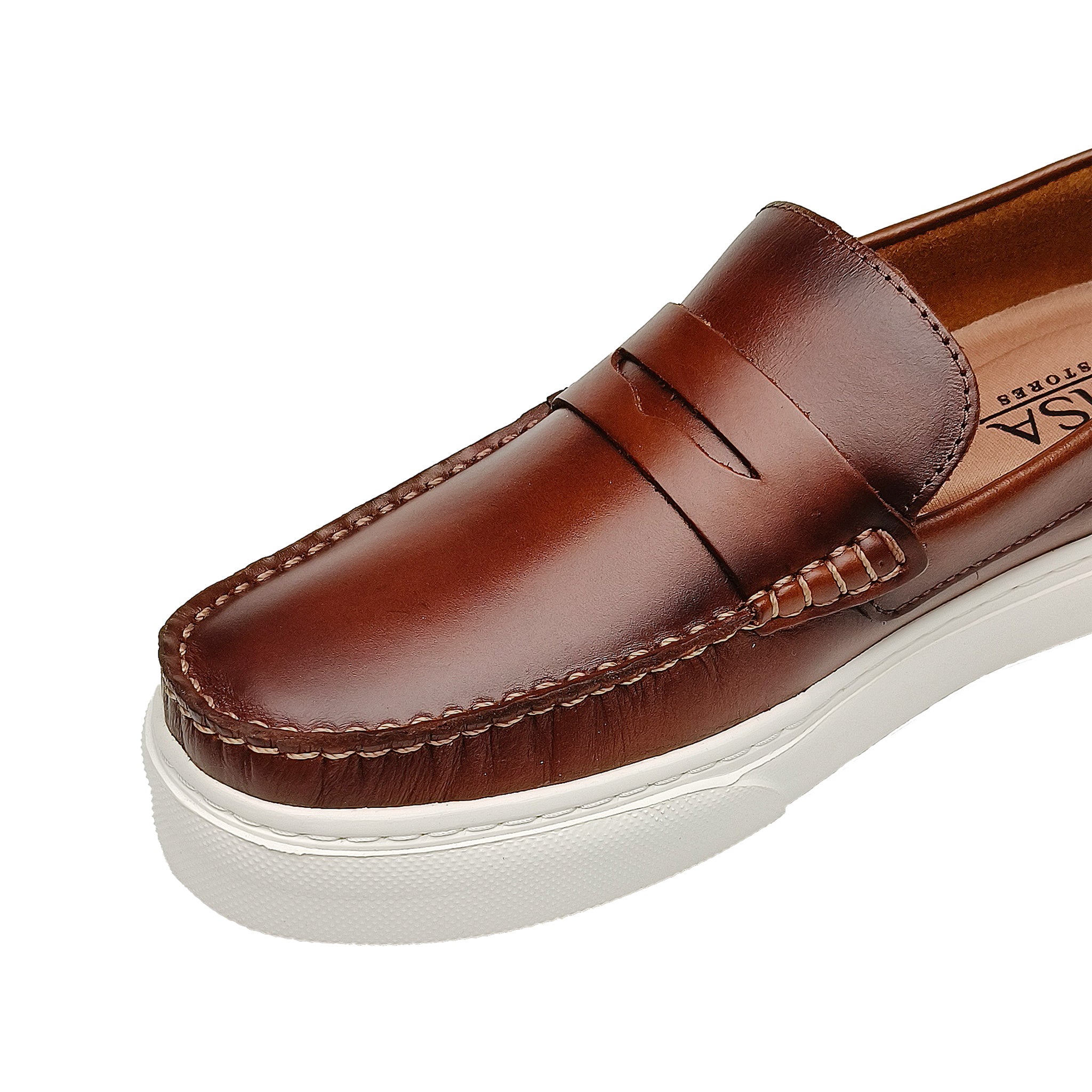 Mocasín Versalles Miel Espasolado cuero hombre - vista lateral detalles EVA blanca - NISA Store