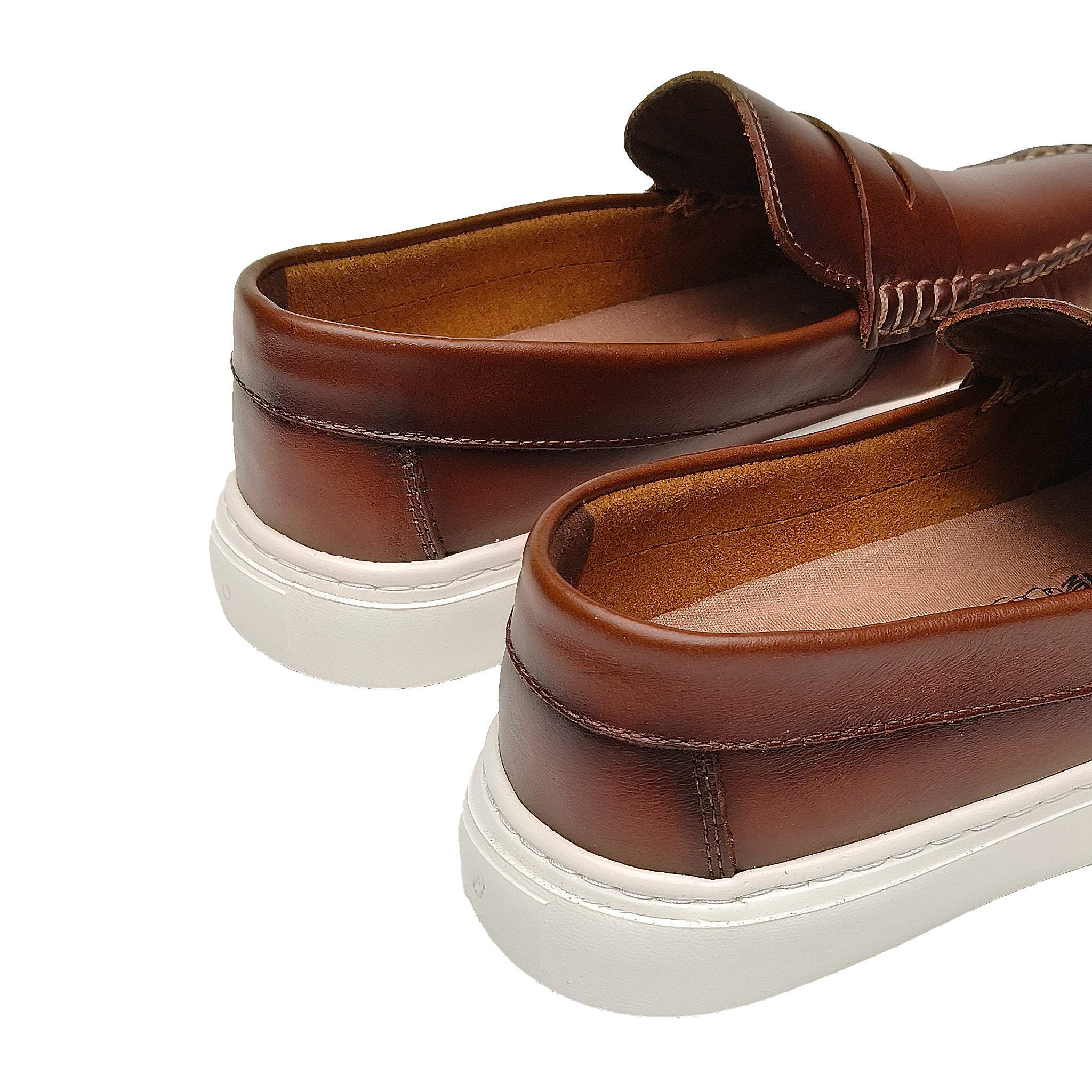 Mocasín Versalles Miel Espasolado cuero hombre - vista talón y detalles EVA blanca - NISA Store