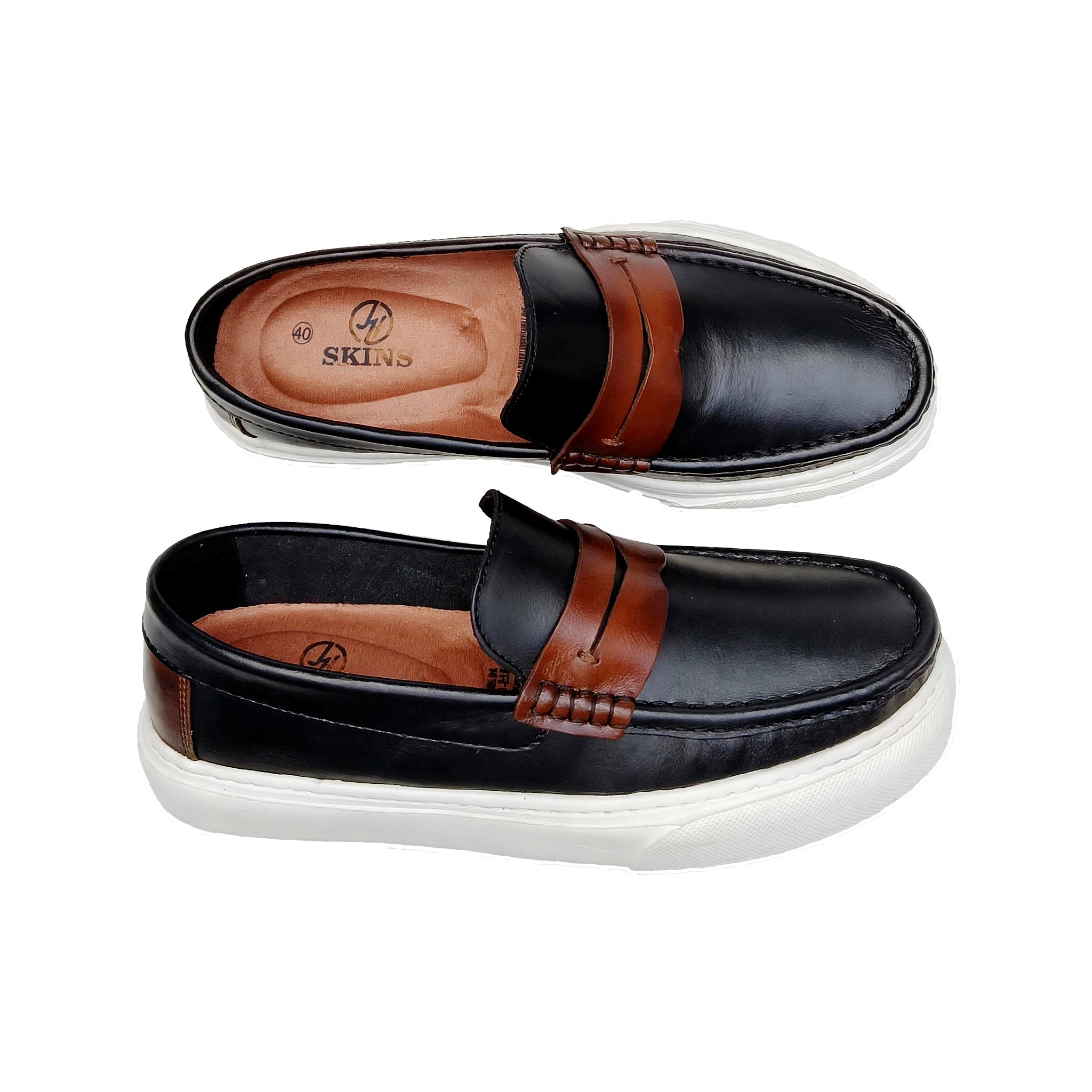 Mocasín cuero negro y miel hombre vista lateral - NISA Store